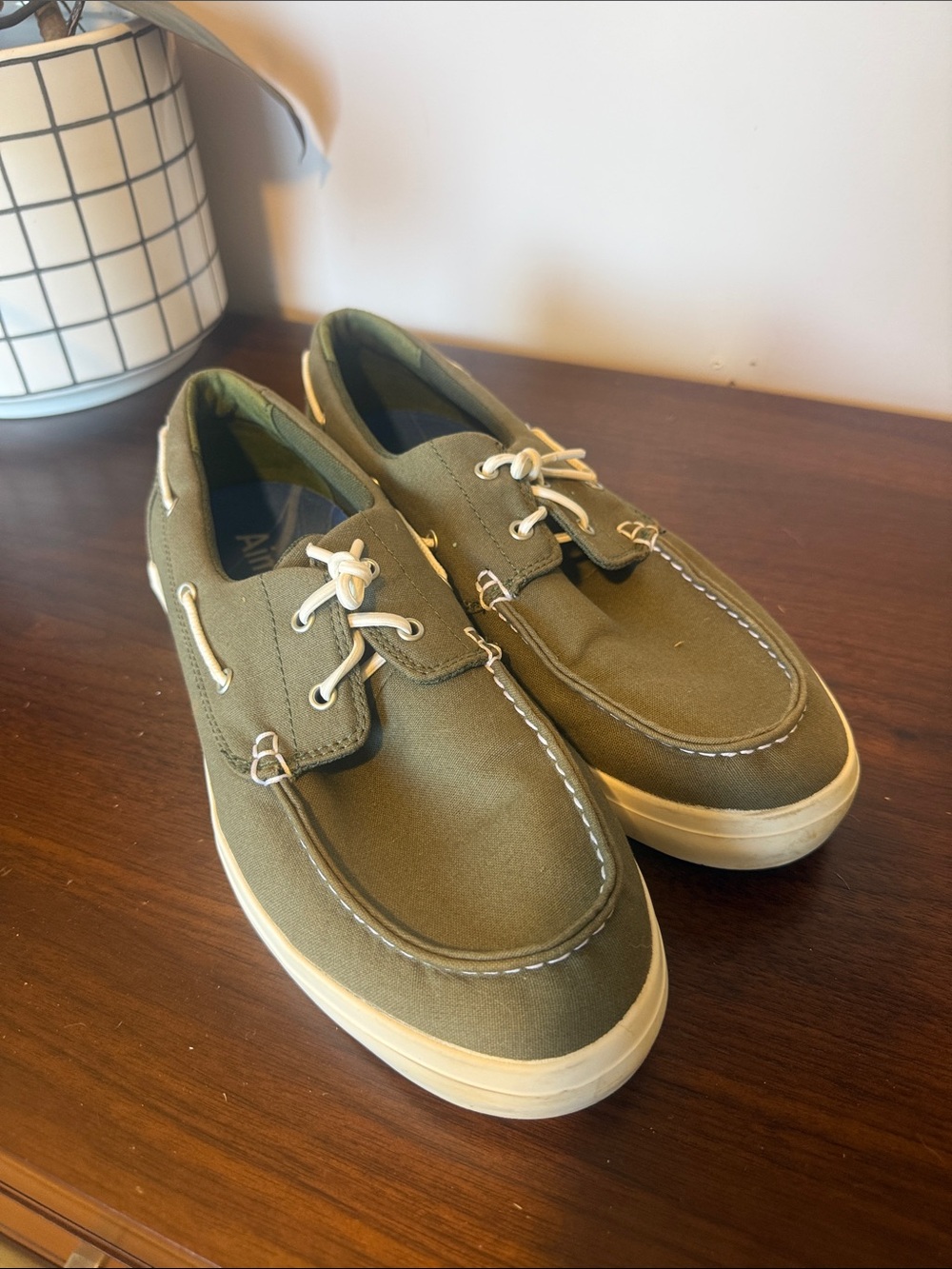 Timberland Olive Green Canvas Boat Shoes with Cream Soles